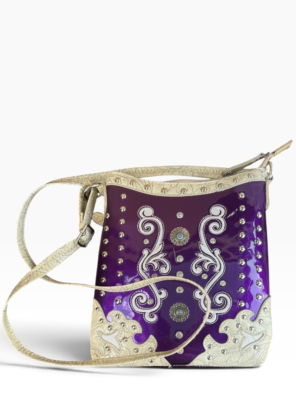 Cowgirl Trendy Metallic Purple Western Crossbody Purse Tooled Bling Handbag
